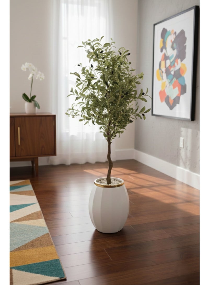 Artificial olive tree for decoration with a luxurious white pot with a gold rim - a natural-looking artificial plant for home, office, and salon. Excellent quality (120 cm) - Image 1